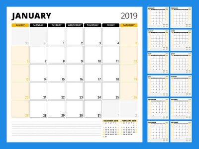 日历规划师2019年。信纸设计模板。星期从星期日开始。设置12月。矢量插图