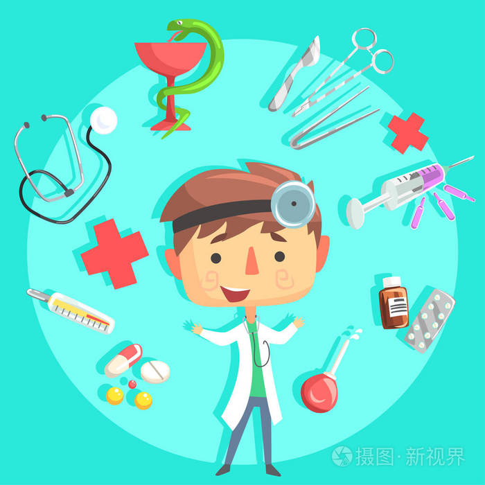 小男孩医生,孩子们未来的梦想与职业插画与对象相关的职业
