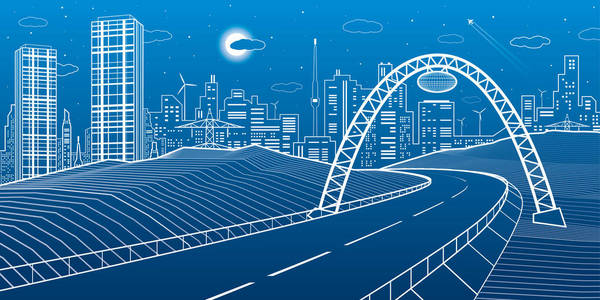 高速公路桥下。现代夜城霓虹灯。基础设施图 城市场景。在蓝色背景上的白色线条。矢量设计艺术