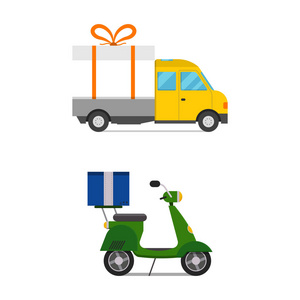 交付运输的礼物箱运输车和摩托车航运矢量图