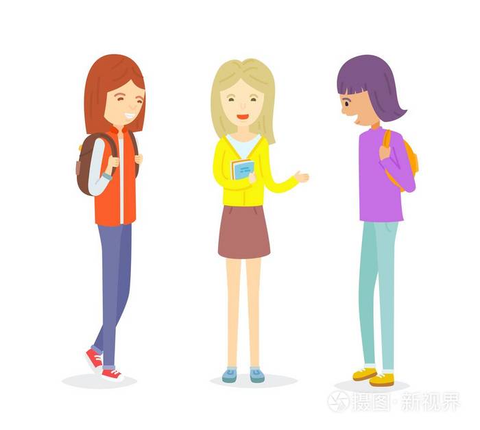 一群十几岁的女孩在户外聊天, 女孩向她的朋友介绍了新朋友, 两个女生