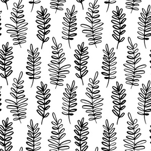 矢量无缝图案水墨画野生植物草本单色植物学插图花卉元素手绘可重复背景。艺术背景