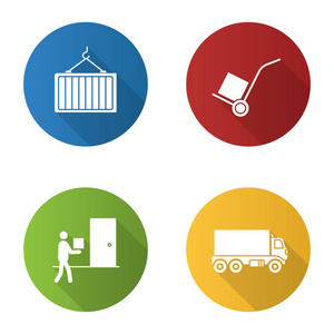 一套货物运输平面设计, 带有长阴影图标, 矢量, 插图照片