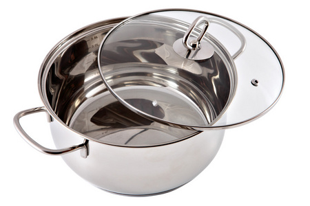 Stainless steelstewpan with clear glass lid, isolated on white.