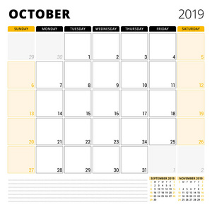 2019年10月日历规划师。信纸设计模板。星期从星期日开始。在页面上3月。矢量插图
