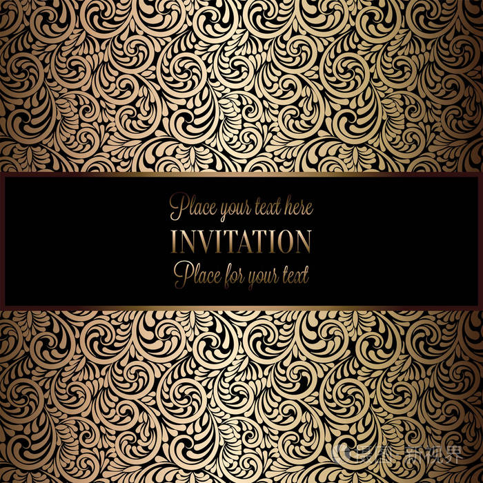 抽象背景与古董 豪华黑色和金色复古框架 维多利亚女王时代的旗帜 大马士革花饰壁纸饰物 巴洛克风格的小册子 时尚图案 邀请卡插画 正版商用图片0gc8ih 摄图新视界