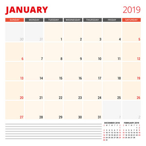 日历规划器模板2019年1月。星期从星期日开始。矢量插图