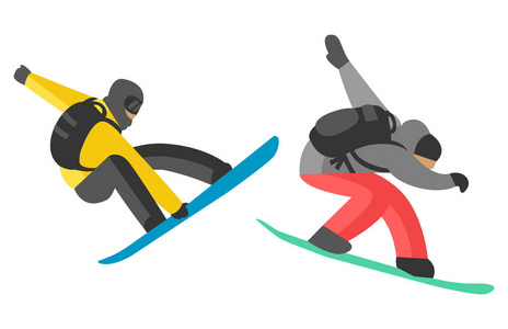 滑雪板跳在不同姿势人矢量
