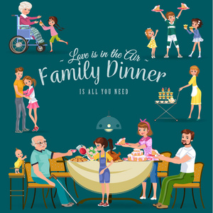一家人在家里吃晚饭, 快乐的人一起吃食物, 爸爸妈妈把爷爷坐在餐桌旁, 女孩照顾老祖母, 孩子们拿着蛋糕矢量插图