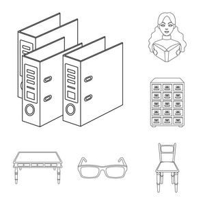 库和书店为设计设置集合中的大纲图标。书籍和家具矢量符号股票网页插图