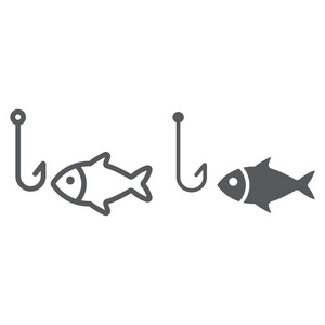 钓鱼线和字形图标, 动物和水下, 钩符号矢量图形, 一个线性模式在白色背景, eps 10