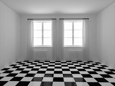 3d 渲染。一个带白墙板房。棋盘格平铺在地板上