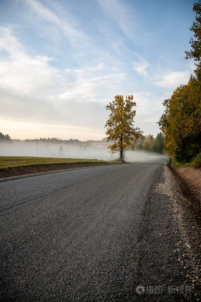 朦胧的农村景观与波浪柏油路拉脱维亚