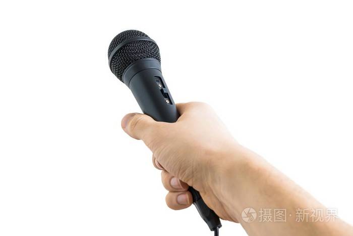 记者在手持麦克风白色背景上孤立