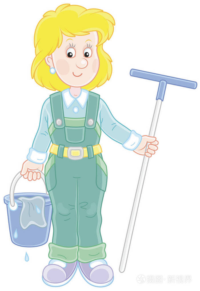 微笑的女孩清洁手拿着棉签和水桶, 去洗地板, 卡通风格的矢量插图