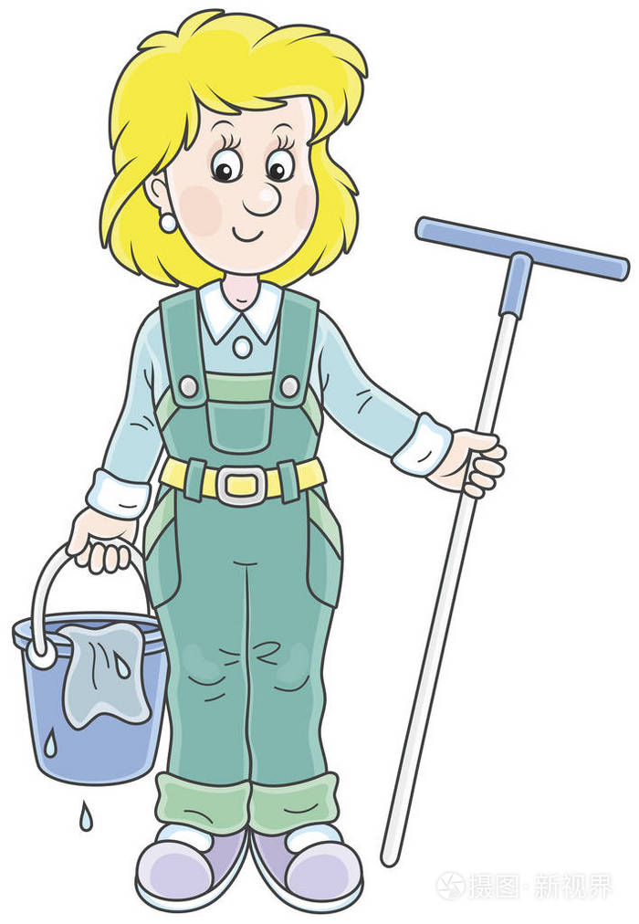 微笑的女孩清洁手拿着棉签和水桶, 去洗地板, 卡通风格的矢量插图