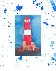 关于大海的岩石上背景为白色，蓝色喷雾水彩手绘为孤立的明亮海洋红灯塔