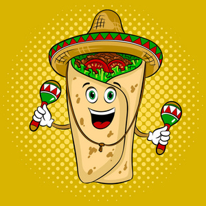 玉米煎饼和 maraca 流行艺术矢量插画