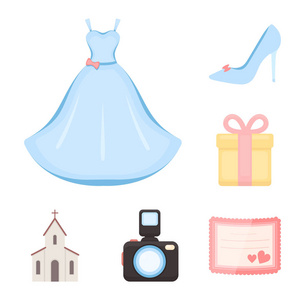 婚礼和属性卡通图标集合中的设计。新婚夫妇和附件矢量符号股票网站插图