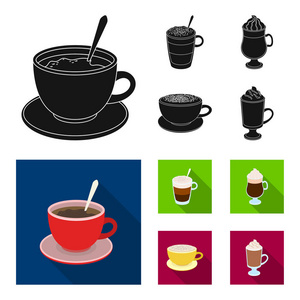 美国, 晚, 爱尔兰, 卡布奇诺。不同类型的咖啡集合图标在黑色, 平面式矢量符号股票插画网站
