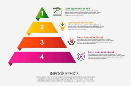 现代矢量插画3d。图表的金字塔的模板与四个元素, 长方形。包含图标和文本。专为商务演示网页设计图4步设计