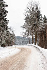 白雪皑皑的山路。冰的风险。在白雪皑皑的树林中的路径