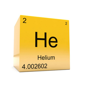 在光滑黄色立方体上显示的周期性表中的氦化学元素符号