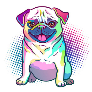 帕格狗流行艺术风格插图在明亮的霓虹灯彩虹颜色