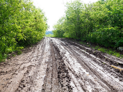 湿泥泞的乡间小路, 一条布满车辙和水坑的乡间小路照片