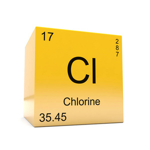 在光滑黄色立方体上显示的周期性表中的氯化学元素符号