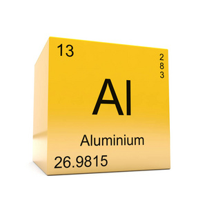 在光滑黄色立方体上显示的周期性表中的铝化学元素符号