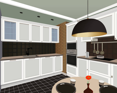 厨房内部背景与家具。现代厨房的设计。象征家具, 厨房插画