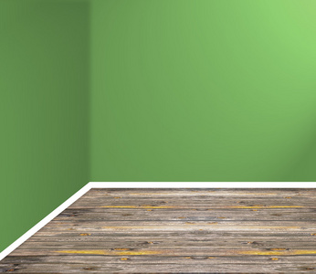 空荡荡的房间角落与木地板和绿色的墙