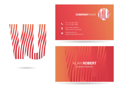 红色和橙色标志设计和名片模板的波形字母似曾相识照片