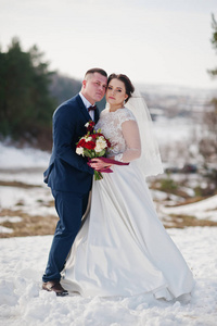 令人惊叹的年轻新婚夫妇在爱在冬季霜和阳光 d