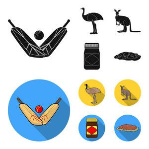 板球鸸鹋鸵鸟袋鼠流行食物的游戏。澳大利亚集合图标黑色, 平面式矢量符号股票插画网站