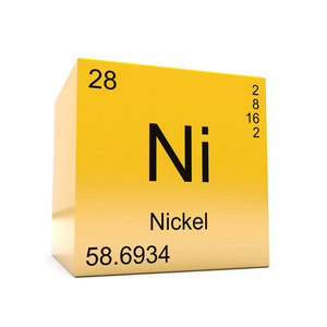 在光滑黄色立方体上显示的周期性表中的镍化学元素符号照片