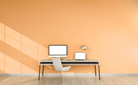现代橙色桌面室内与设备 3d 渲染