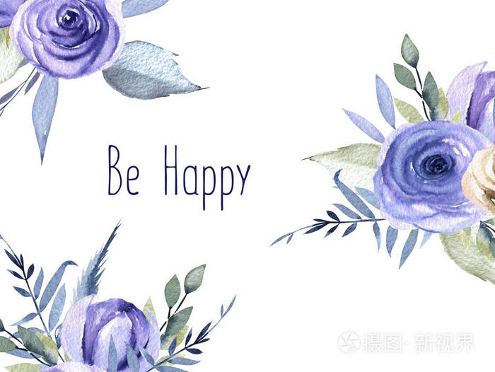 水彩蓝色玫瑰和植物卡片模板, 贺卡设计, 手绘在白色背景上