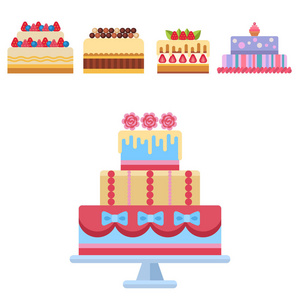 婚礼蛋糕馅饼甜点甜点面包房扁平简单式隔离矢量插图