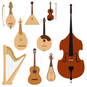 弦梦乐器古典乐团艺术音响工具和音响交响乐小提琴木设备矢量插图