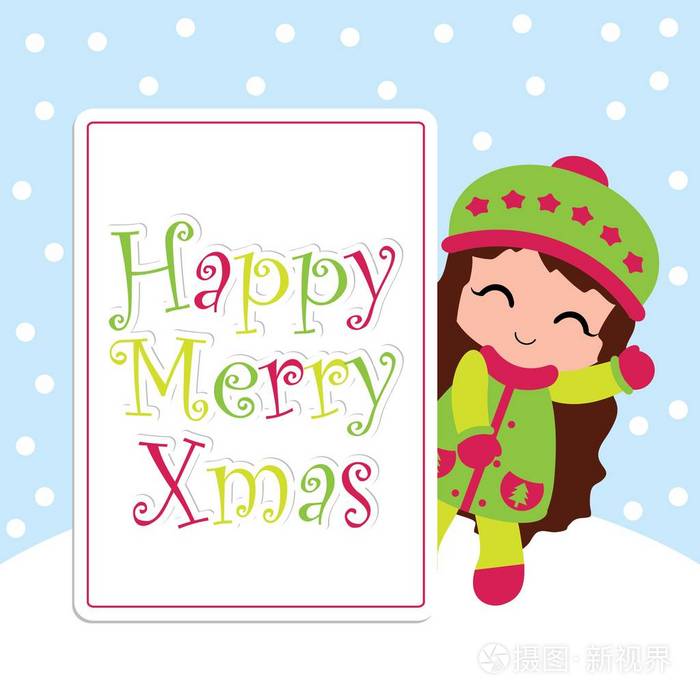 插画 矢量卡通插图与可爱的女孩说你好下雪秋天适合圣诞贺卡设计