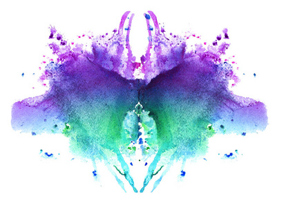 在白色背景上蓝色水彩对称墨迹照片