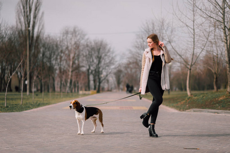 年轻的时髦女孩与她的宠物爱沙尼亚猎犬狗玩，开心户外公园里