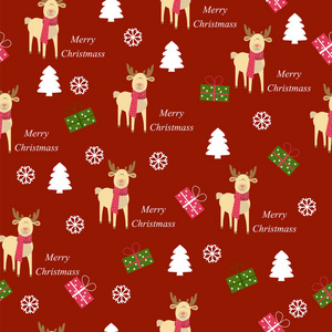 圣诞图案。圣诞驯鹿和红色背景上的礼物。织物，纸的图案设计。红色背景上的节日驯鹿。卡通。年份