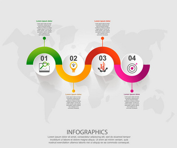 现代矢量插画3d。模板为图表圆与四个元素, 长方形。包含图标和文本。专为商务演示网页设计图4步设计