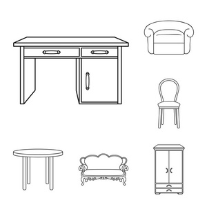 家具和内部轮廓图标集集合中的设计。家庭家具矢量符号股票网站插图