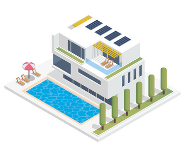 现代豪华等距绿色环保房子与太阳能电池板，适合图 图表 插图和其他图形相关资产