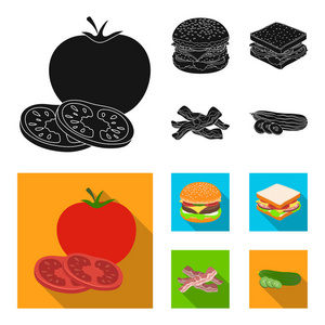 汉堡和配料黑色, 平面图标集合为设计。汉堡烹饪矢量符号股票网页插图