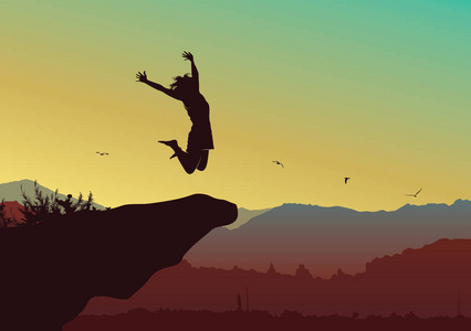 自由和独立概念背景, 一个快乐的女人的剪影在山顶上跳跃向量例证
